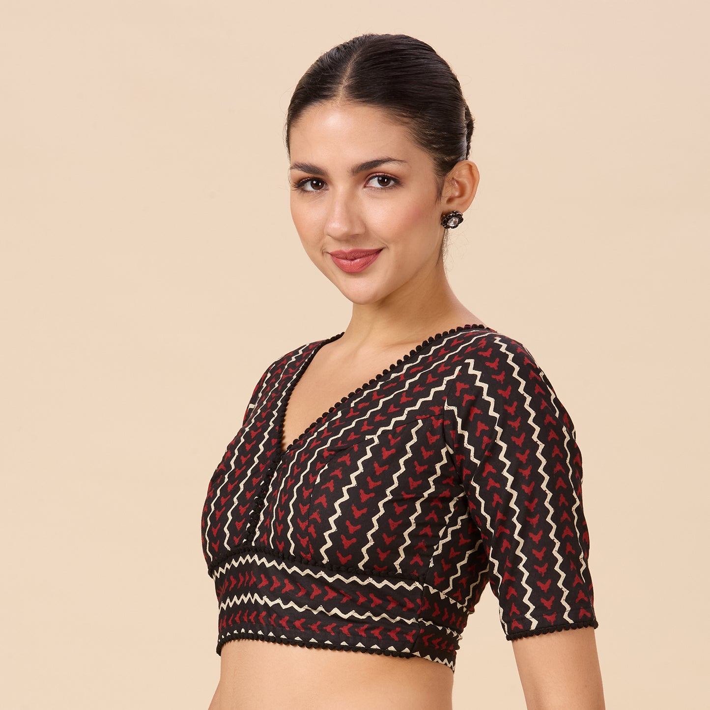 Women's Readymsde Black & Marron Printed Cotton Saree Blouse (Design 2731)