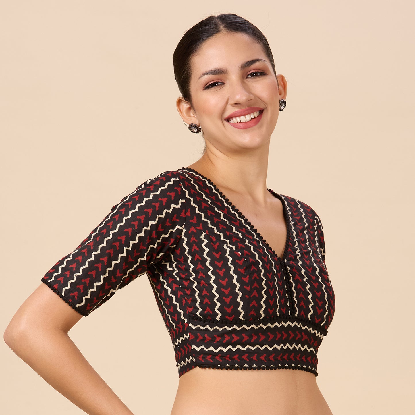 Women's Readymsde Black & Marron Printed Cotton Saree Blouse (Design 2731)