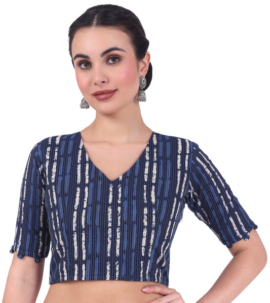 Women's Indigo Blue Cotton Printed Saree Blouse with Elbow Length Sleeves (Design 2732)
