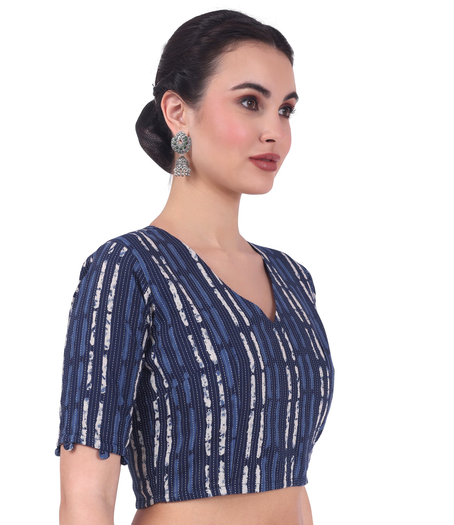 Women's Indigo Blue Cotton Printed Saree Blouse with Elbow Length Sleeves (Design 2732)