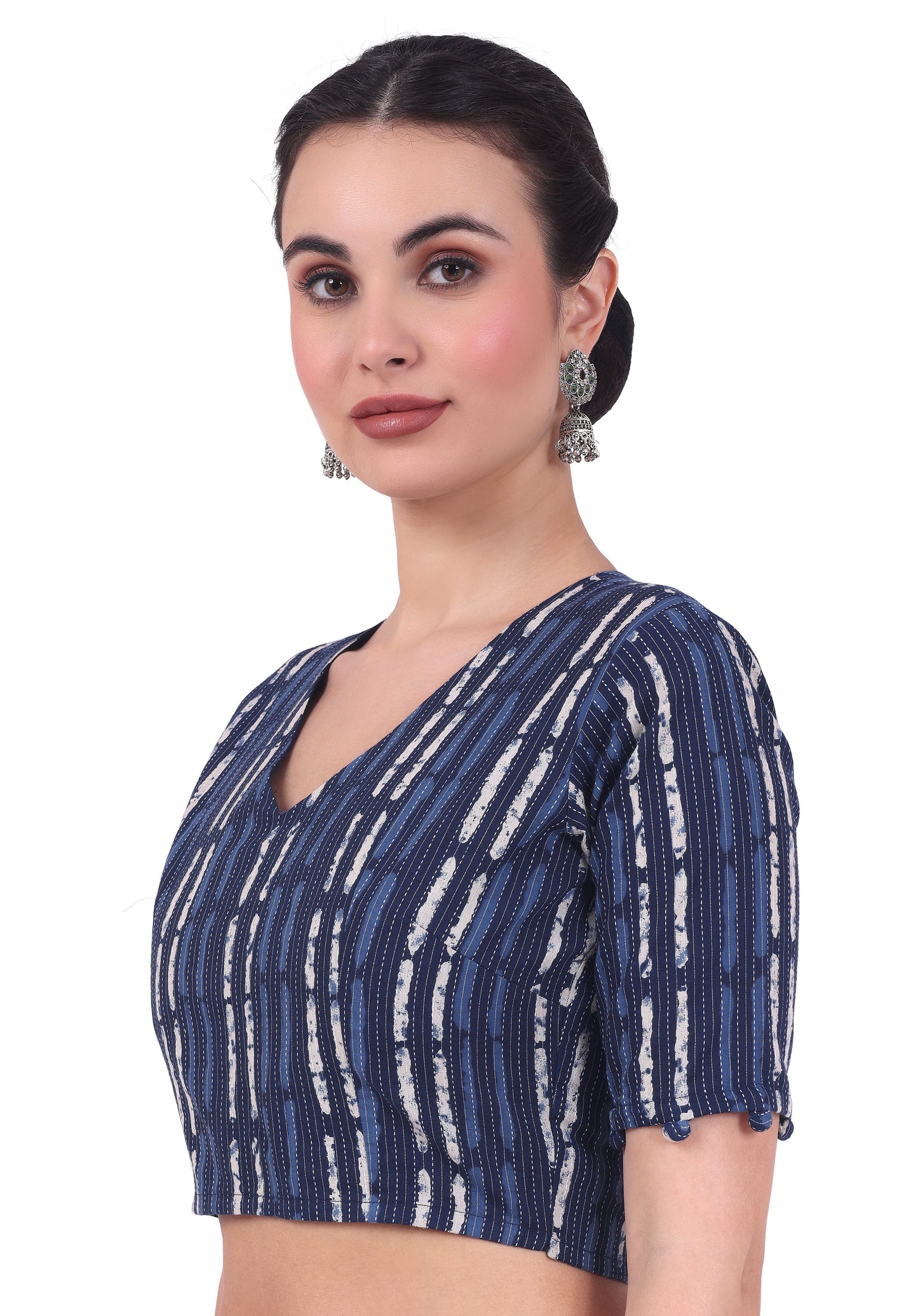 Women's Indigo Blue Cotton Printed Saree Blouse with Elbow Length Sleeves (Design 2732)