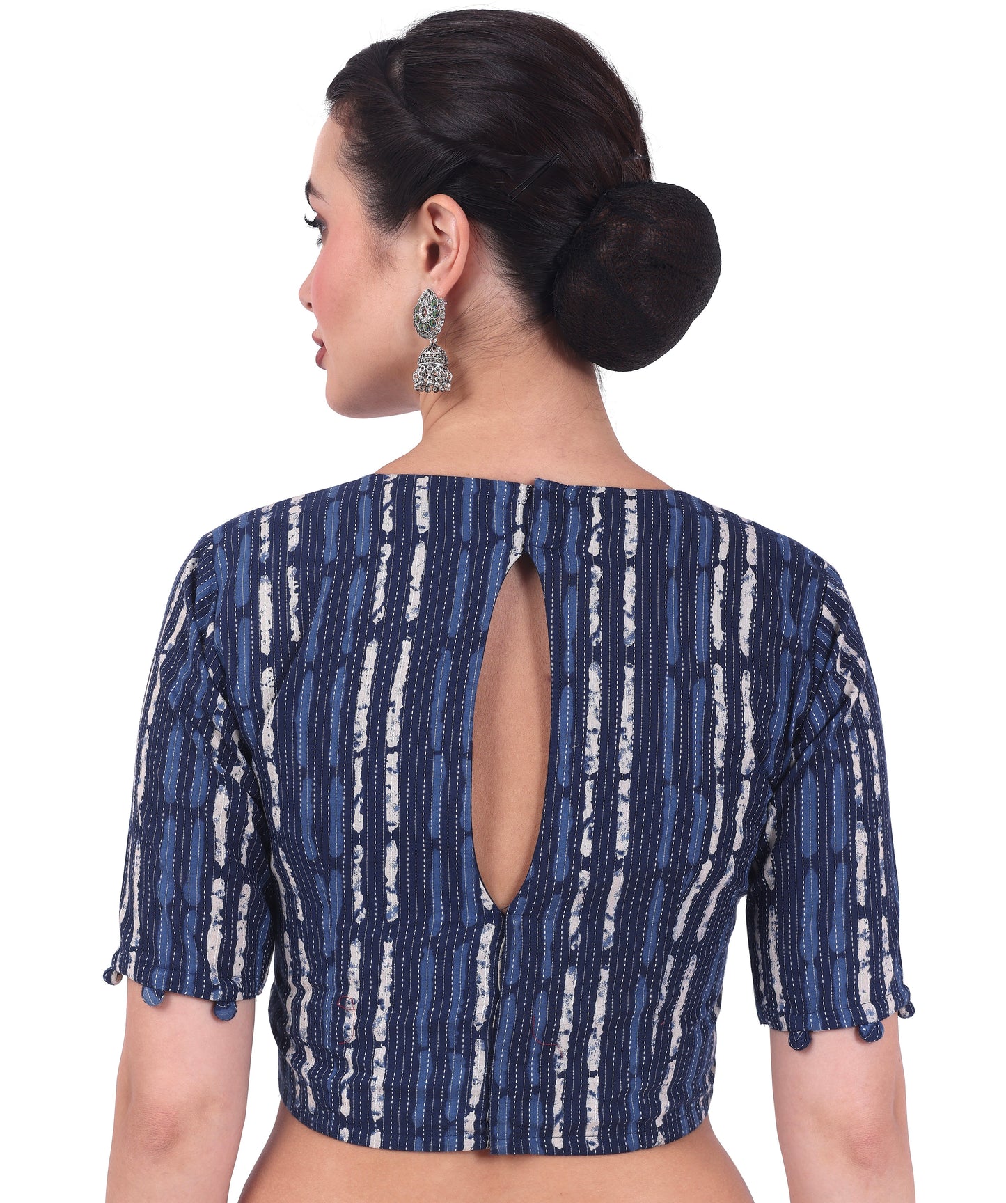 Women's Indigo Blue Cotton Printed Saree Blouse with Elbow Length Sleeves (Design 2732)