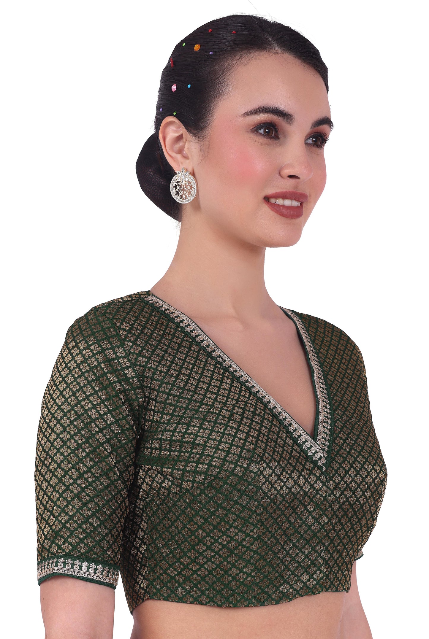 Women's Green Brocade Readymade Embroidered Saree Blouse (Design 2761)