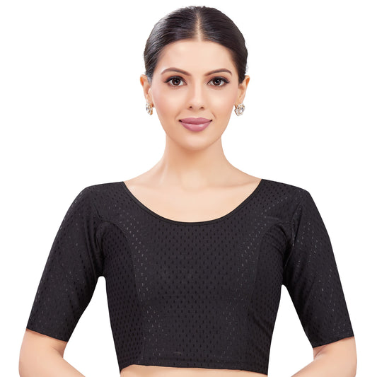 Women's Black Cotton Knitted Stretchable Saree Blouse (Design 2763)