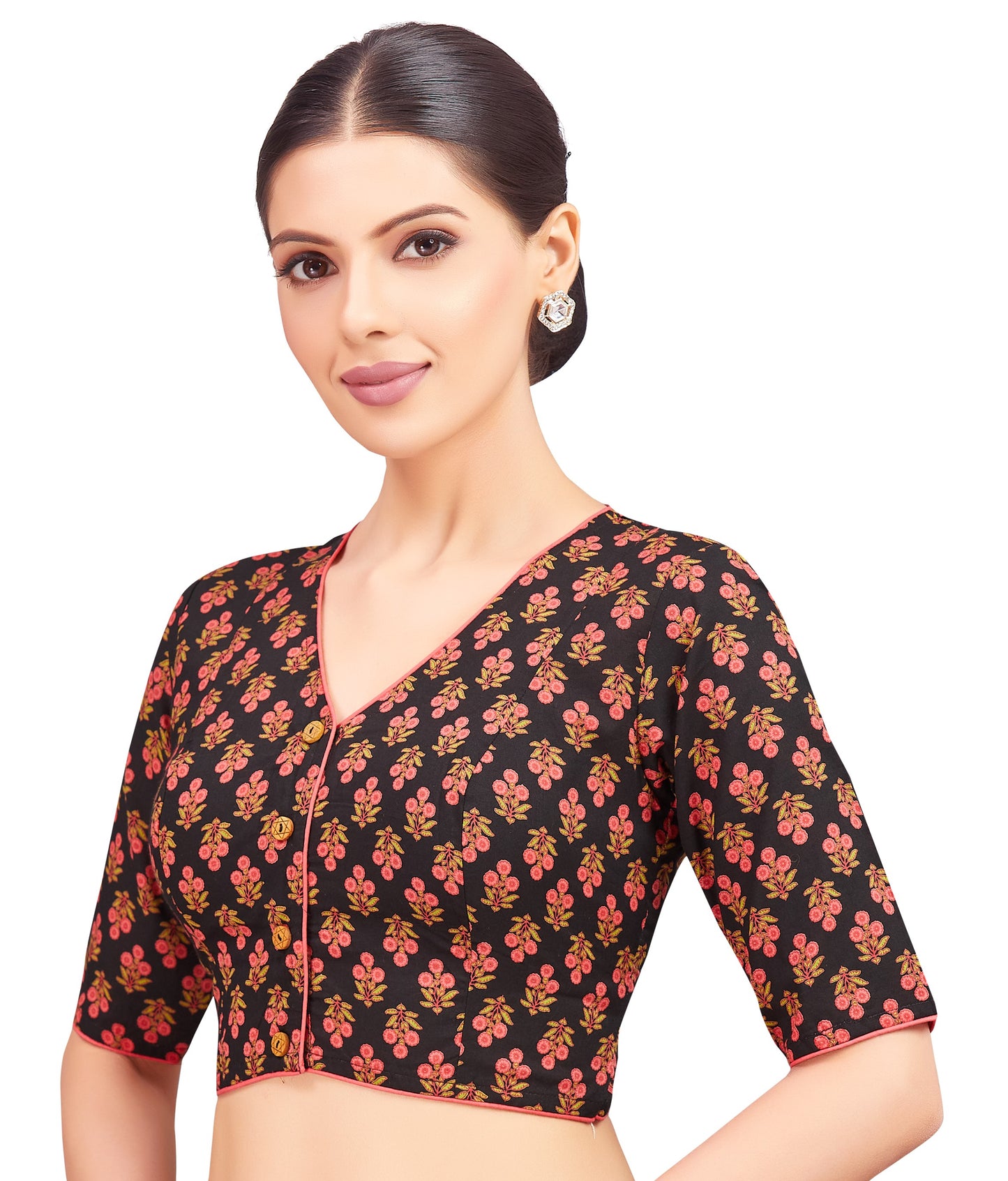Women's Cotton Poppy Flower Motif Printed Readymade Saree Blouse (Design 2795)