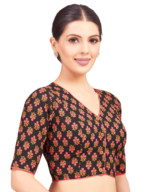 Women's Cotton Poppy Flower Motif Printed Readymade Saree Blouse (Design 2795)