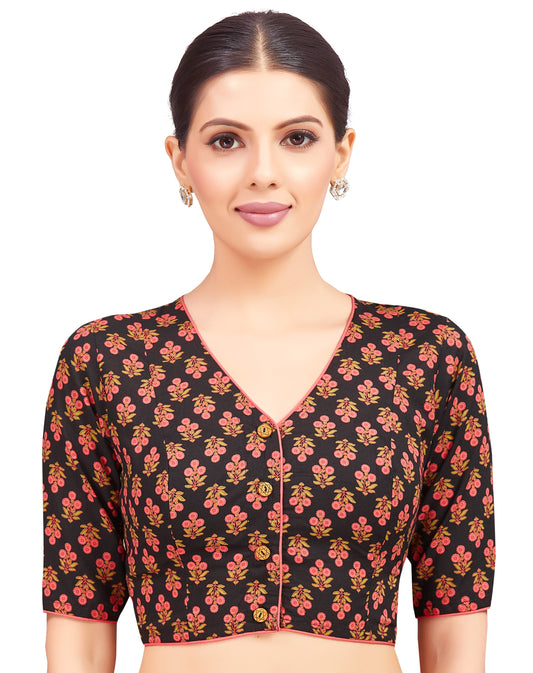 Women's Cotton Poppy Flower Motif Printed Readymade Saree Blouse (Design 2795)