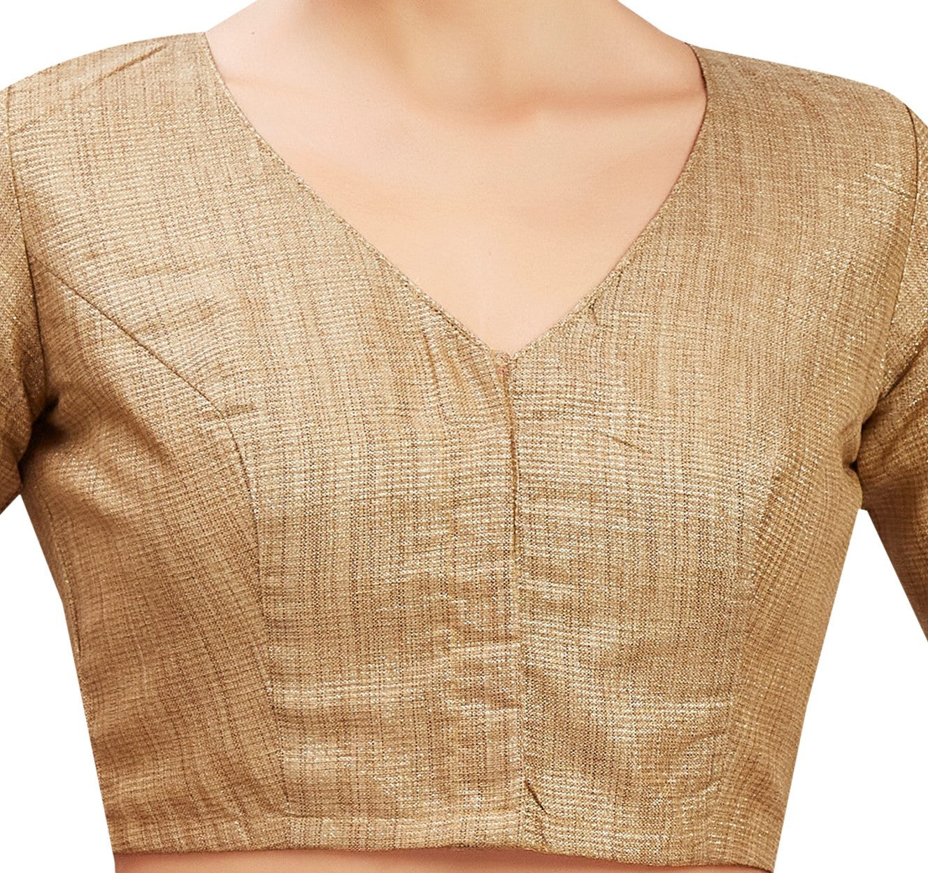 Studio Shringaar Women's Golden Brocade V Neck Readymade Saree Elbow Length Sleeve Blouse (Design 2814)