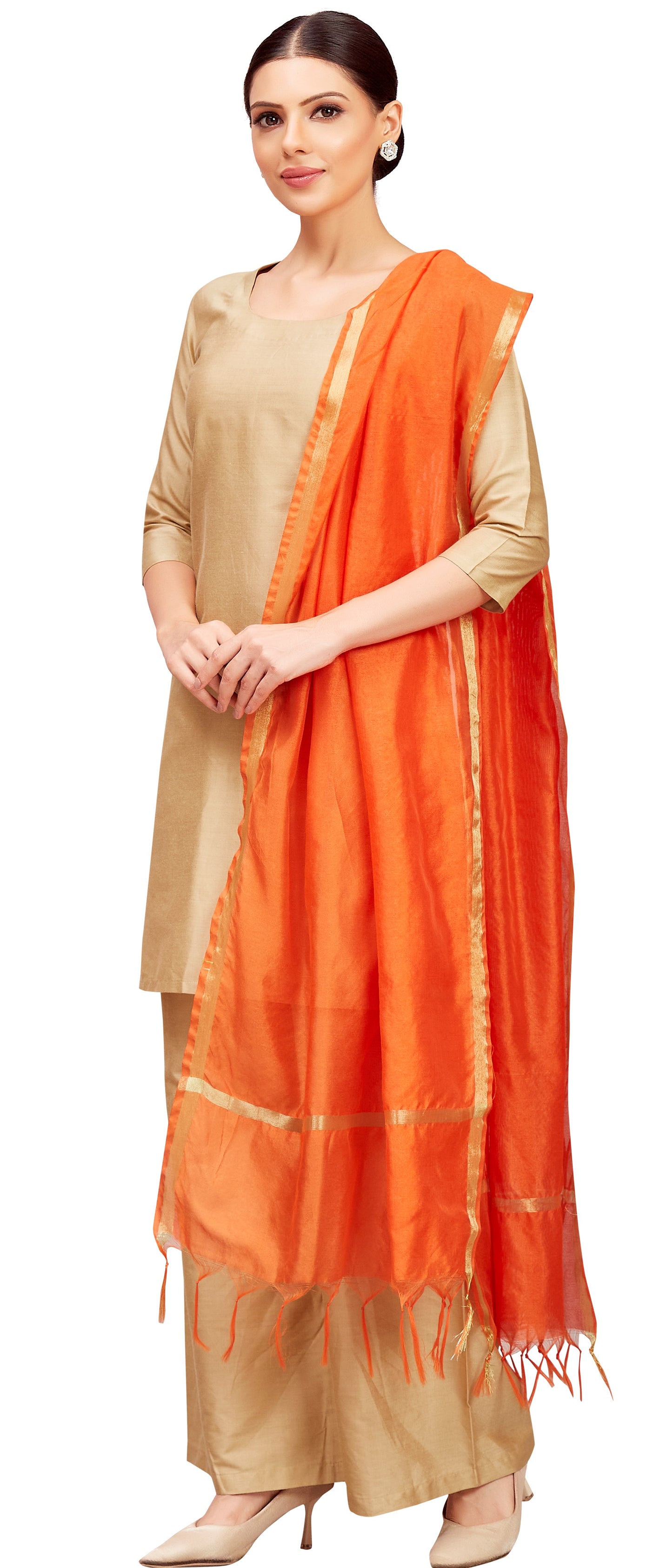 Women's Chanderi Silk Blend Handloom Dupatta (32" X 2.35 Meters) (2824 - Orange)