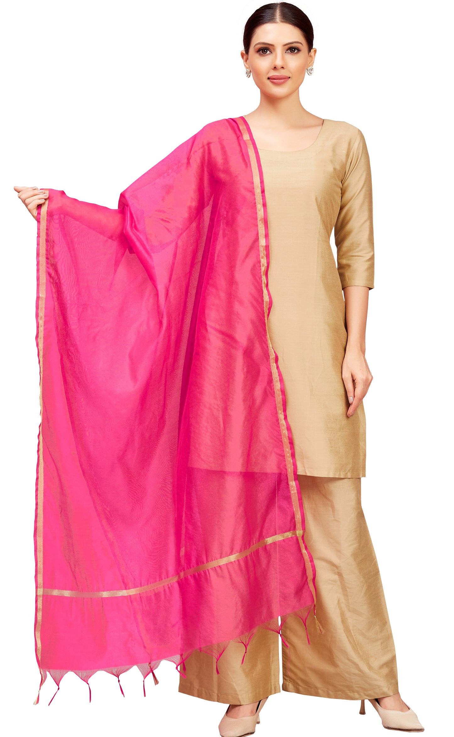 Women's Chanderi Silk Blend Handloom Dupatta (32" X 2.35 Meters) (2824 - Pink)