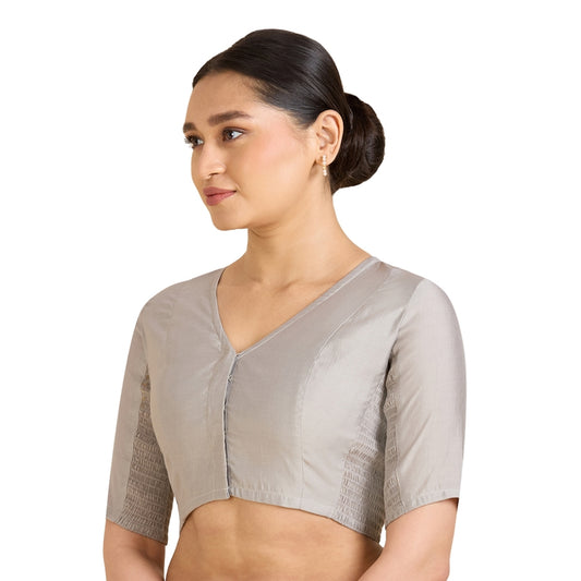 Women's Grey Cotton Silk Stretchable (Smocked) Readymade Saree Blouse (Design 2826)