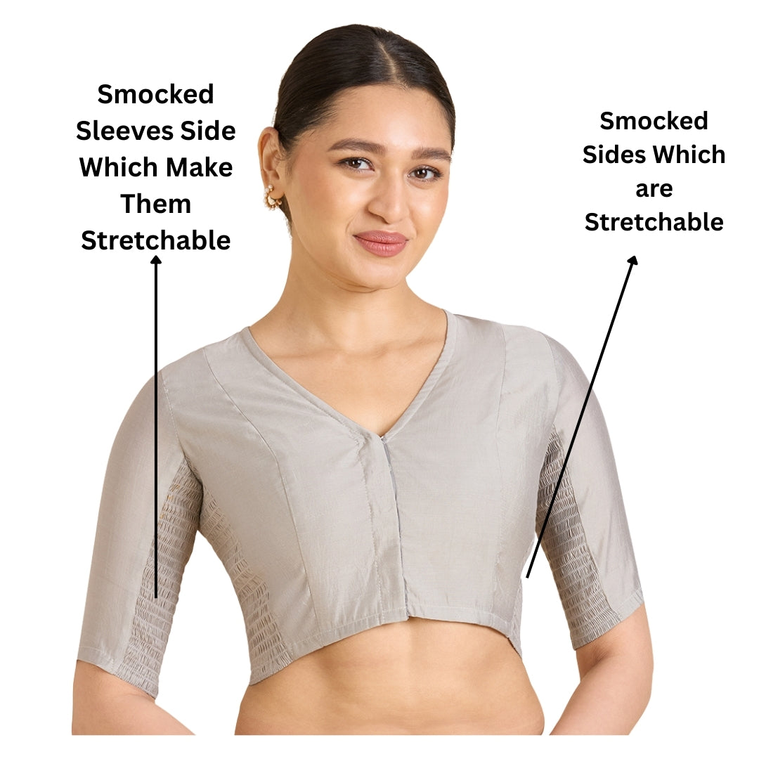 Women's Grey Cotton Silk Stretchable (Smocked) Readymade Saree Blouse (Design 2826)