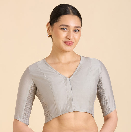 Women's Grey Cotton Silk Stretchable (Smocked) Readymade Saree Blouse (Design 2826)