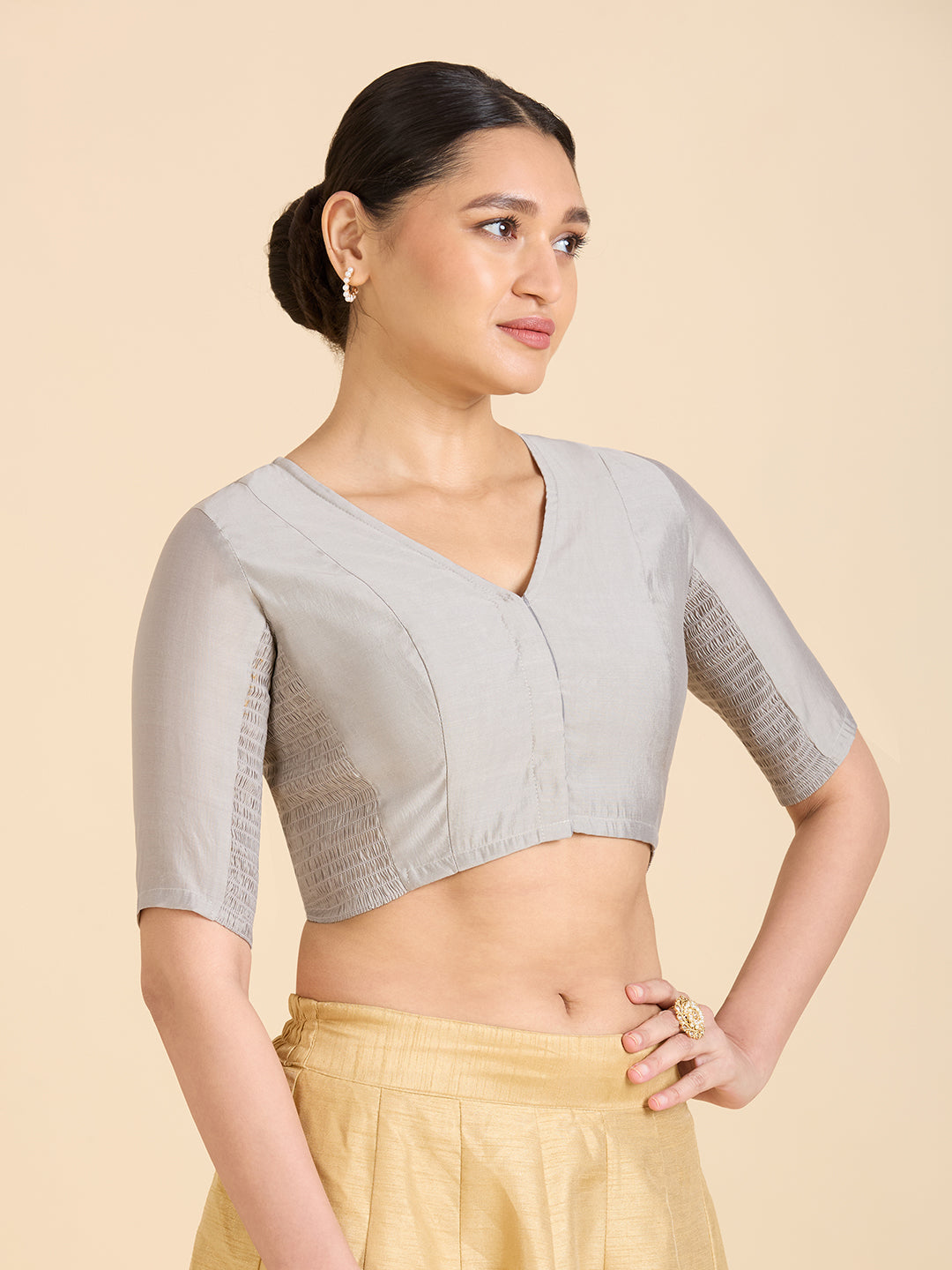 Women's Grey Cotton Silk Stretchable (Smocked) Readymade Saree Blouse (Design 2826)