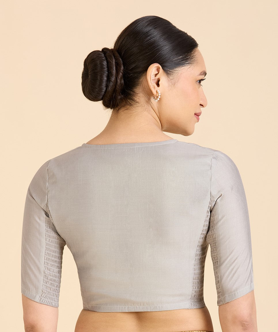 Women's Grey Cotton Silk Stretchable (Smocked) Readymade Saree Blouse (Design 2826)