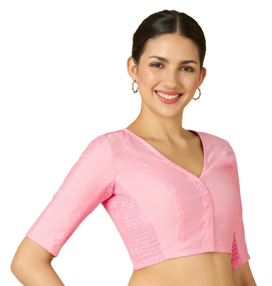 Studio Shringaar Women's Light Pink Cotton Silk Stretchable (Smocked) Readymade Saree Blouse (Design 2826)