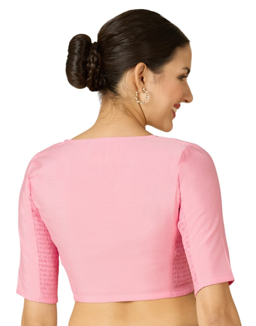 Studio Shringaar Women's Light Pink Cotton Silk Stretchable (Smocked) Readymade Saree Blouse (Design 2826)