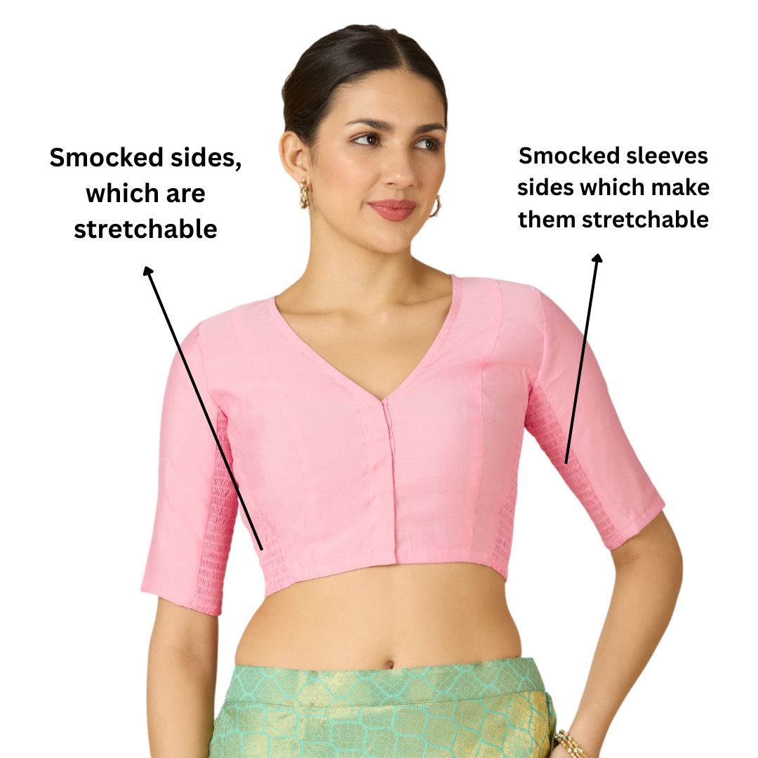 Studio Shringaar Women's Light Pink Cotton Silk Stretchable (Smocked) Readymade Saree Blouse (Design 2826)