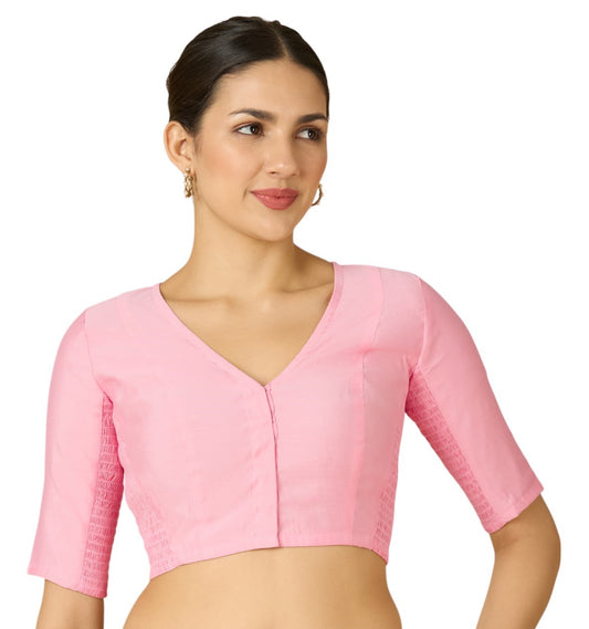 Studio Shringaar Women's Light Pink Cotton Silk Stretchable (Smocked) Readymade Saree Blouse (Design 2826)