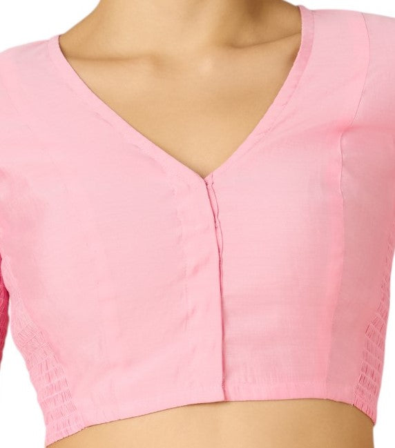 Studio Shringaar Women's Light Pink Cotton Silk Stretchable (Smocked) Readymade Saree Blouse (Design 2826)