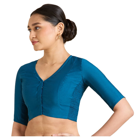 Studio Shringaar Women's Midnight Blue Cotton Silk Stretchable (Smocked) Readymade Saree Blouse (Design 2826)