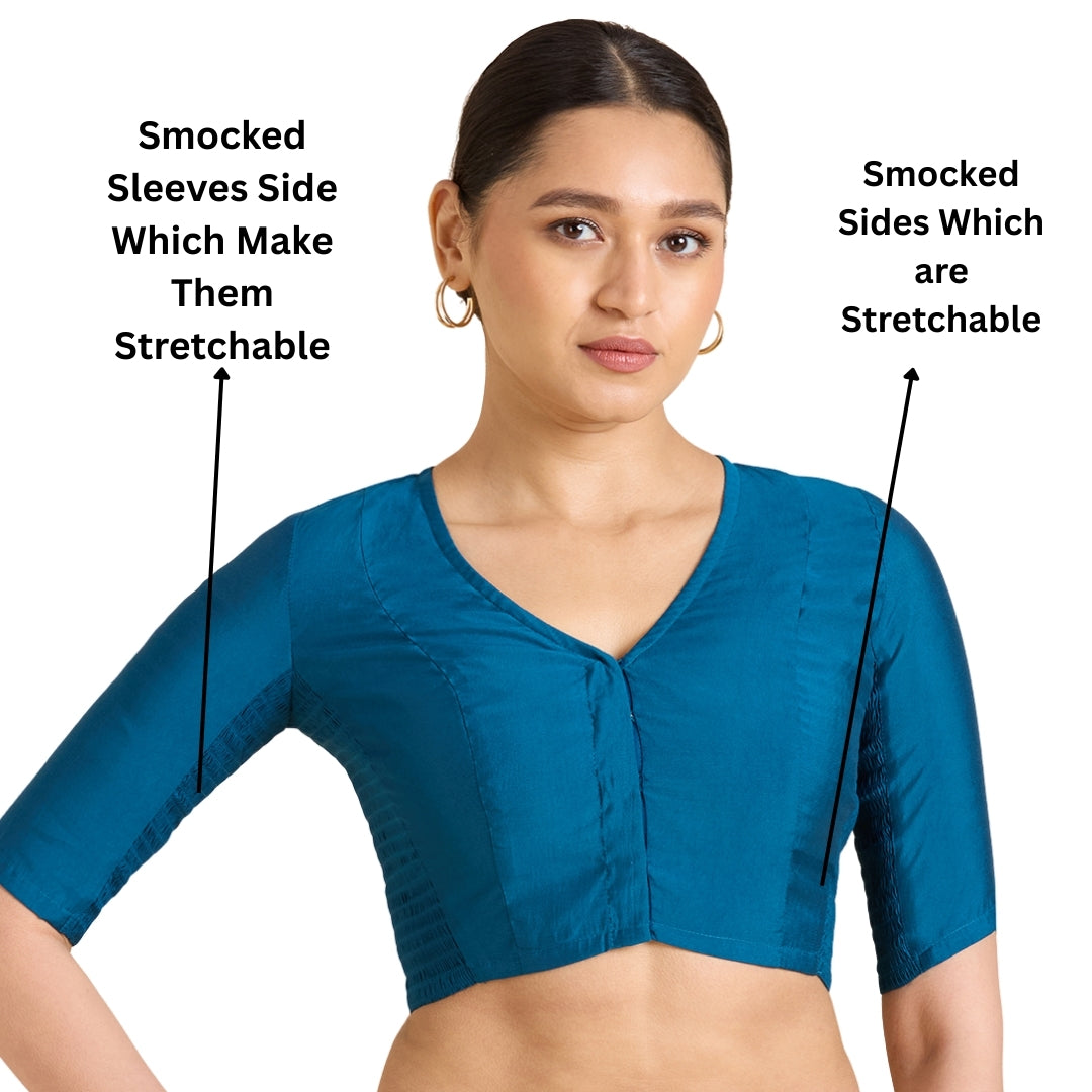Studio Shringaar Women's Midnight Blue Cotton Silk Stretchable (Smocked) Readymade Saree Blouse (Design 2826)