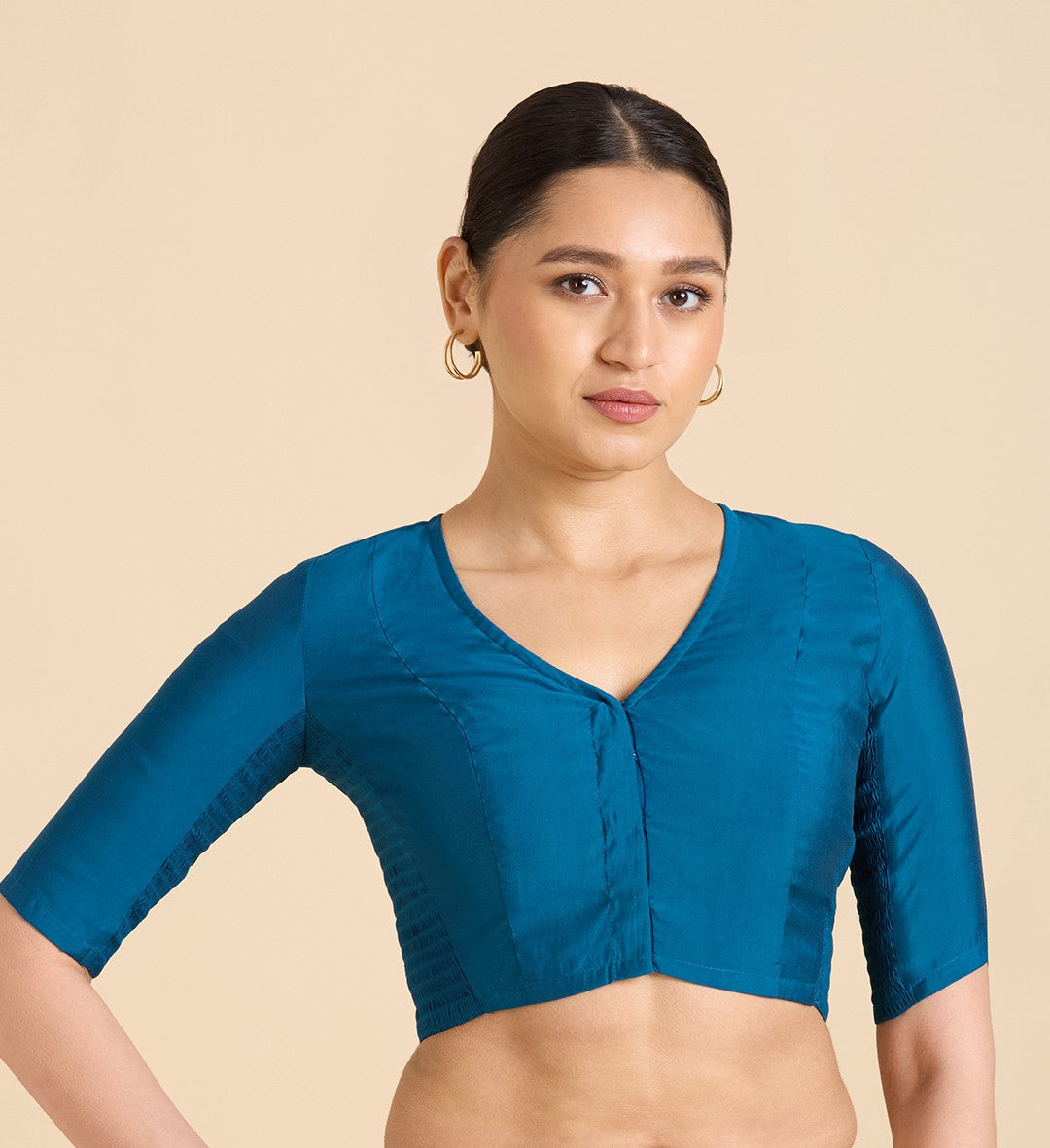 Studio Shringaar Women's Midnight Blue Cotton Silk Stretchable (Smocked) Readymade Saree Blouse (Design 2826)