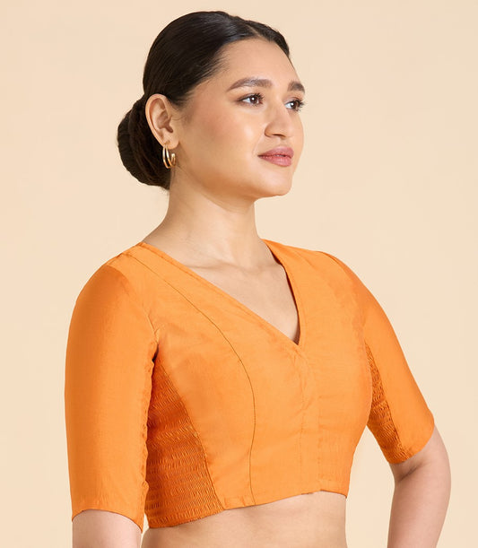 Studio Shringaar Women's Orange Cotton Silk Stretchable (Smocked) Readymade Saree Blouse (Design 2826)