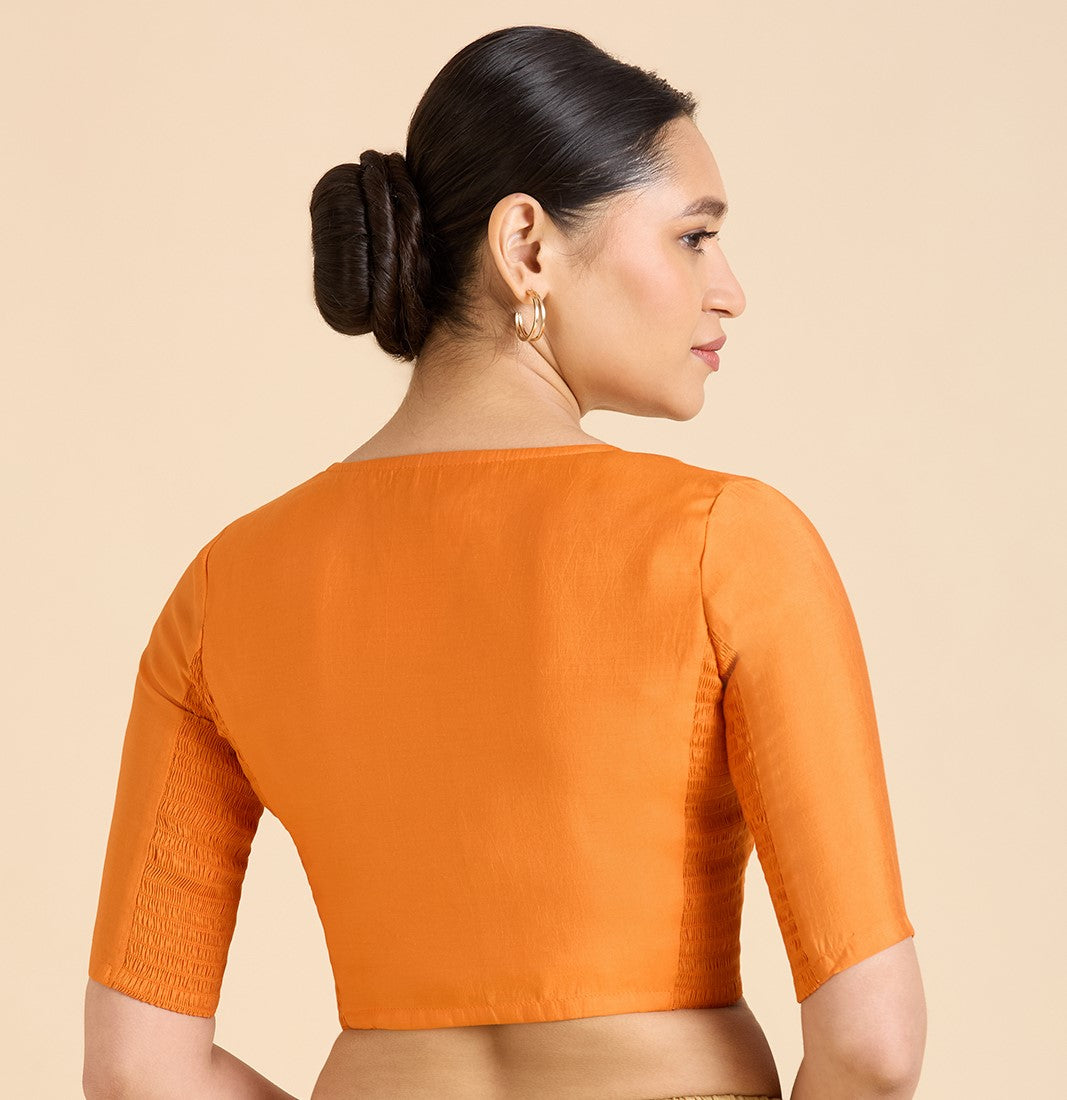 Studio Shringaar Women's Orange Cotton Silk Stretchable (Smocked) Readymade Saree Blouse (Design 2826)