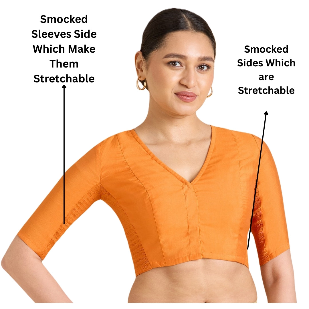Studio Shringaar Women's Orange Cotton Silk Stretchable (Smocked) Readymade Saree Blouse (Design 2826)