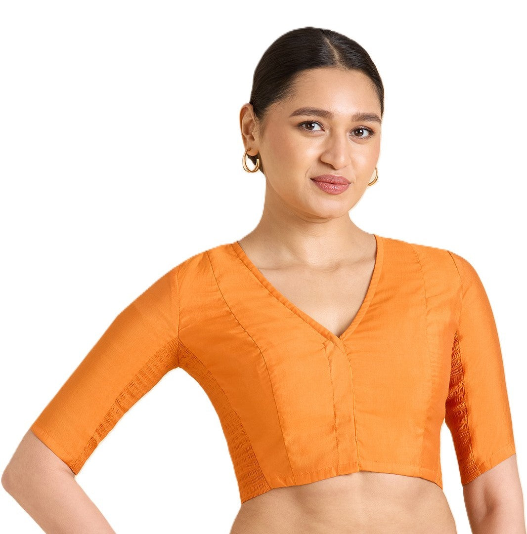 Studio Shringaar Women's Orange Cotton Silk Stretchable (Smocked) Readymade Saree Blouse (Design 2826)