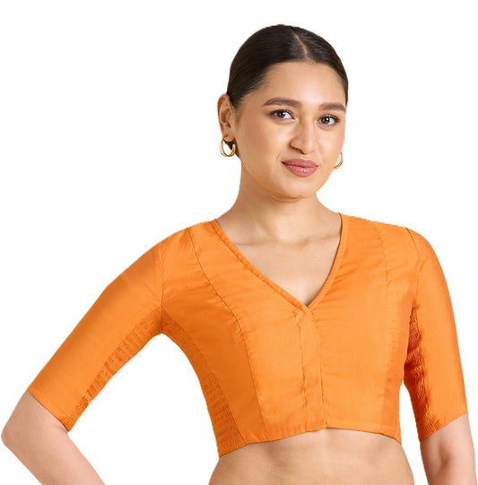 Studio Shringaar Women's Orange Cotton Silk Stretchable (Smocked) Readymade Saree Blouse (Design 2826)
