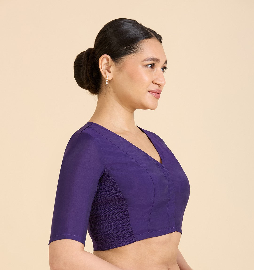 Studio Shringaar Women's Purple Cotton Silk Stretchable (Smocked) Readymade Saree Blouse (Design 2826)