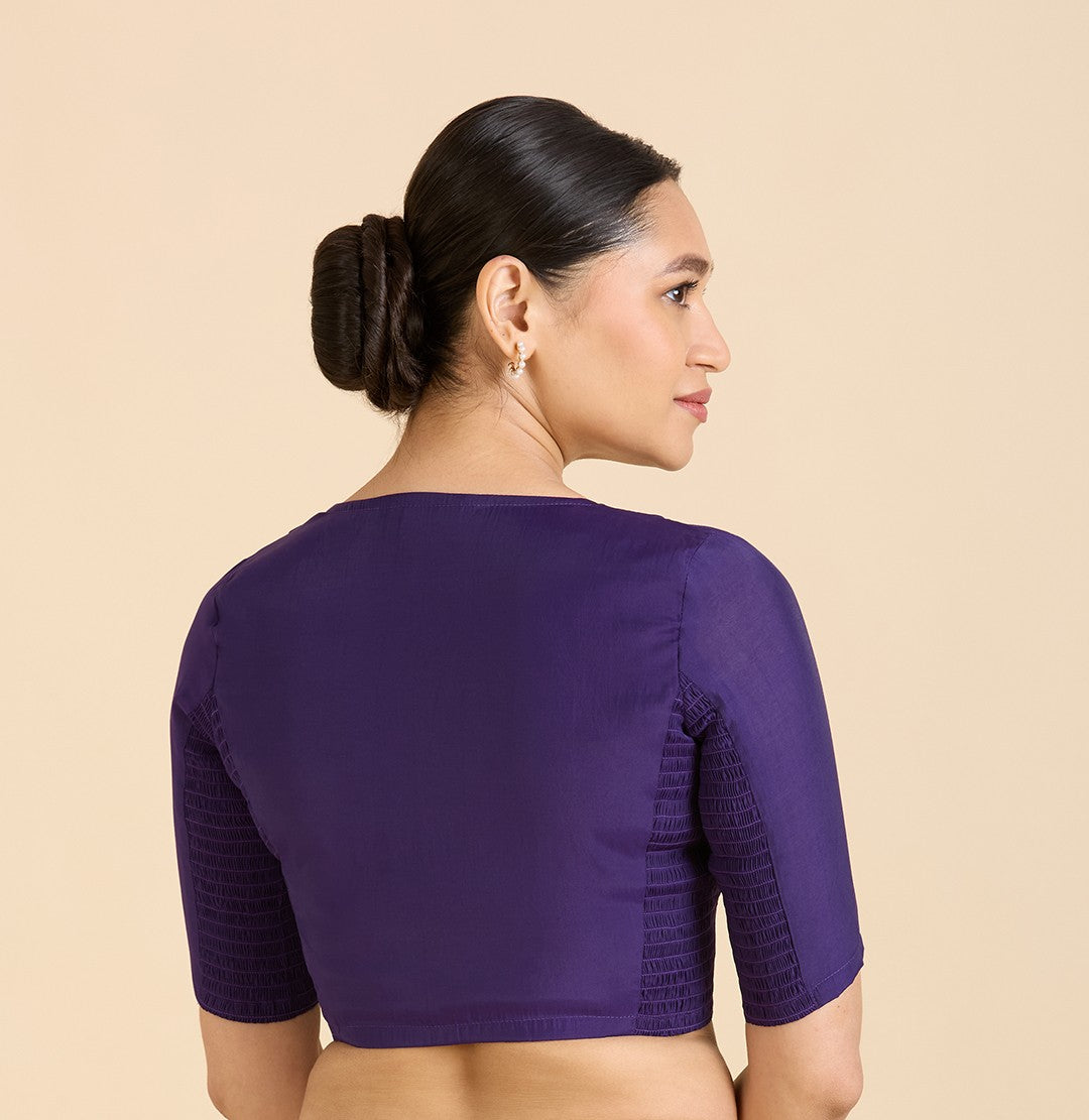Studio Shringaar Women's Purple Cotton Silk Stretchable (Smocked) Readymade Saree Blouse (Design 2826)