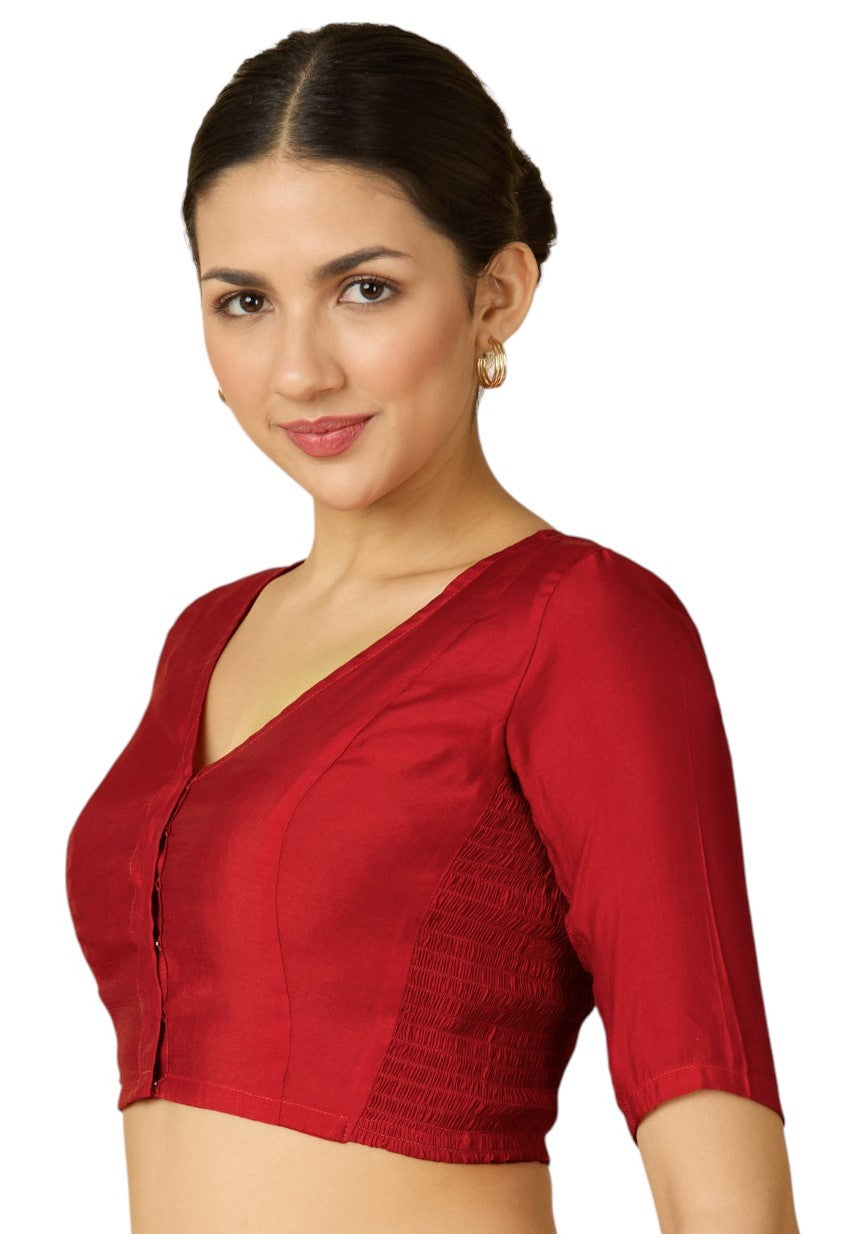 Studio Shringaar Women's Red Cotton Silk Stretchable (Smocked) Readymade Saree Blouse (Design 2826)