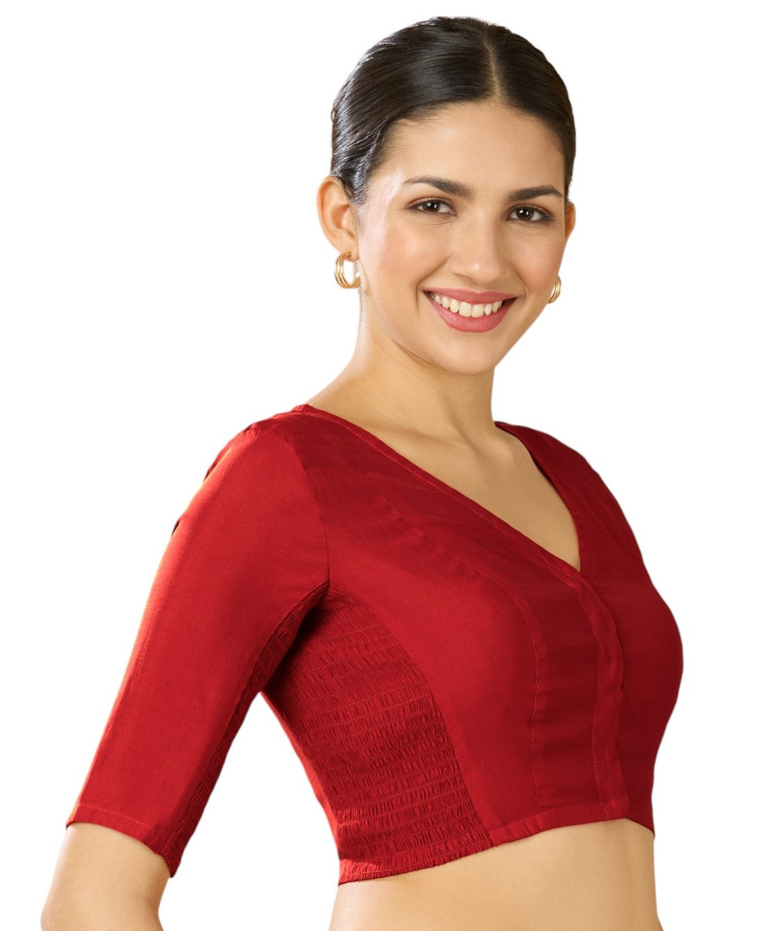 Studio Shringaar Women's Red Cotton Silk Stretchable (Smocked) Readymade Saree Blouse (Design 2826)