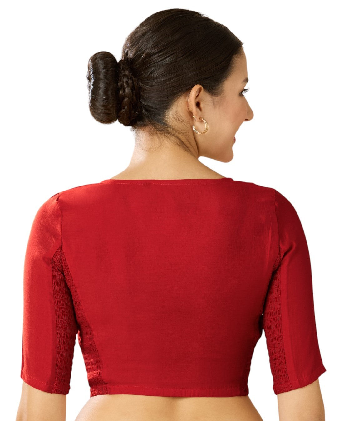 Studio Shringaar Women's Red Cotton Silk Stretchable (Smocked) Readymade Saree Blouse (Design 2826)