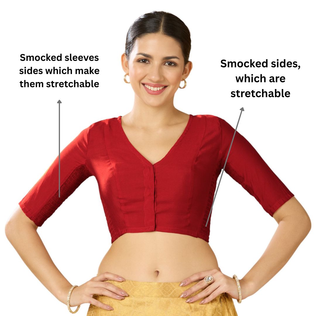 Studio Shringaar Women's Red Cotton Silk Stretchable (Smocked) Readymade Saree Blouse (Design 2826)