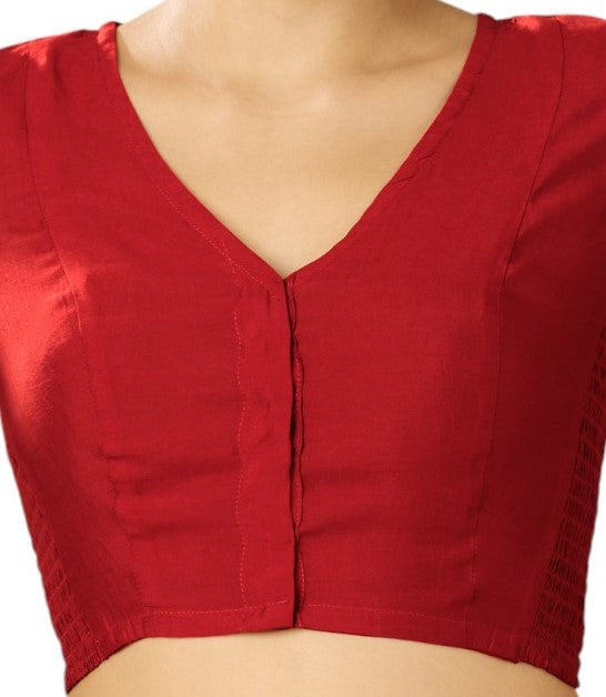 Studio Shringaar Women's Red Cotton Silk Stretchable (Smocked) Readymade Saree Blouse (Design 2826)