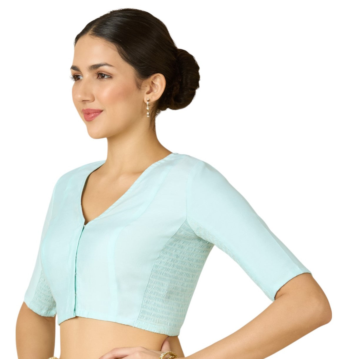Studio Shringaar Women's Sky Blue Cotton Silk Stretchable (Smocked) Readymade Saree Blouse (Design 2826)