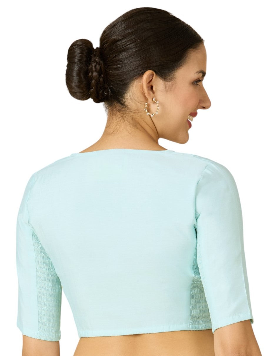 Studio Shringaar Women's Sky Blue Cotton Silk Stretchable (Smocked) Readymade Saree Blouse (Design 2826)