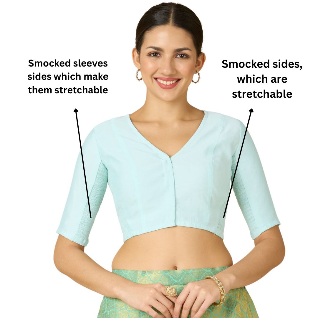 Studio Shringaar Women's Sky Blue Cotton Silk Stretchable (Smocked) Readymade Saree Blouse (Design 2826)