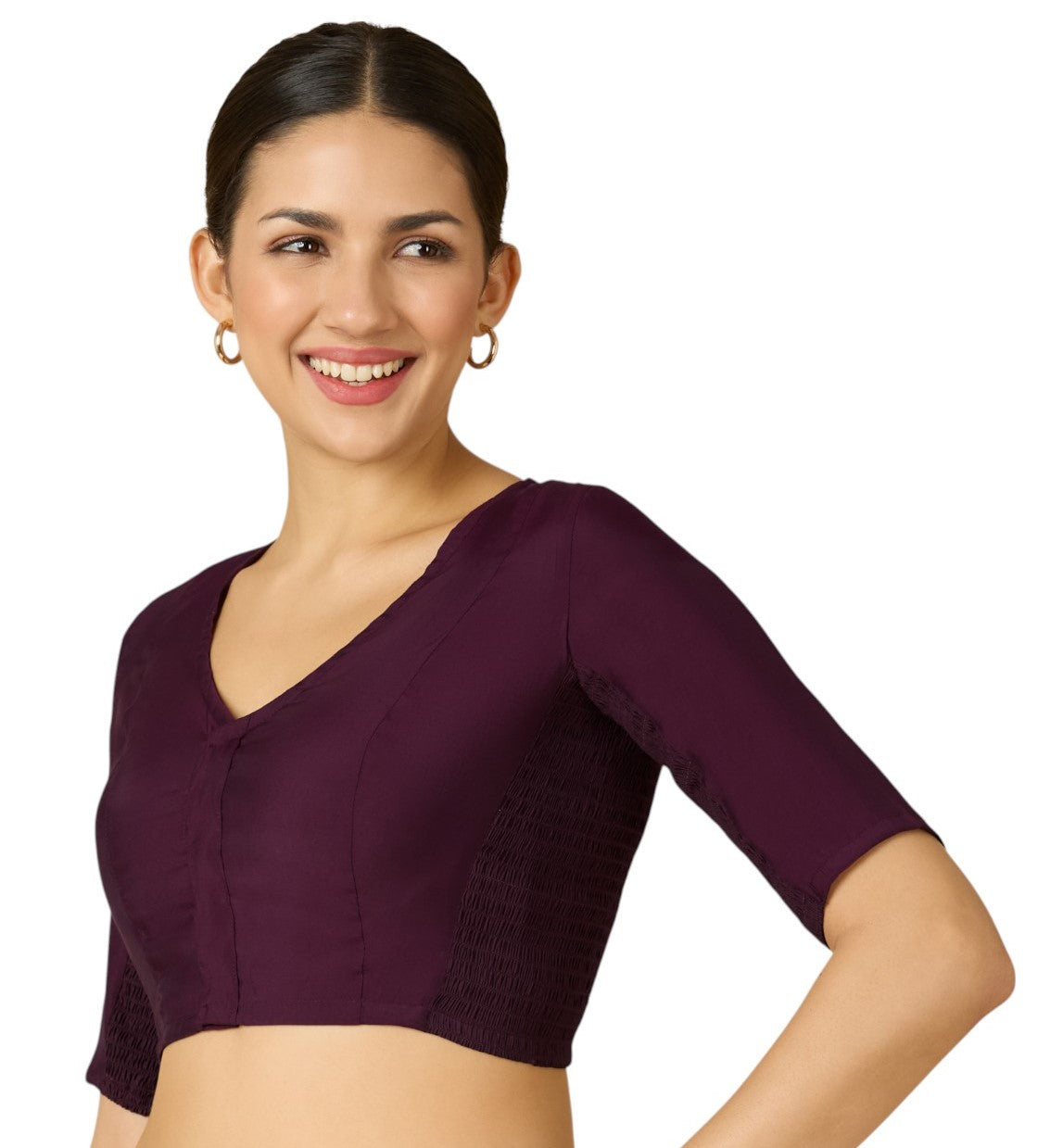 Studio Shringaar Women's Wine Cotton Silk Stretchable (Smocked) Readymade Saree Blouse (Design 2826)
