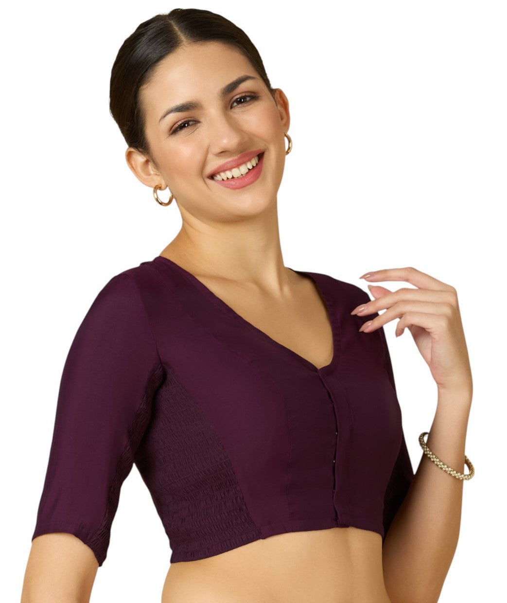 Studio Shringaar Women's Wine Cotton Silk Stretchable (Smocked) Readymade Saree Blouse (Design 2826)