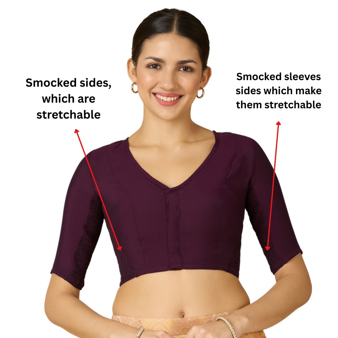 Studio Shringaar Women's Wine Cotton Silk Stretchable (Smocked) Readymade Saree Blouse (Design 2826)