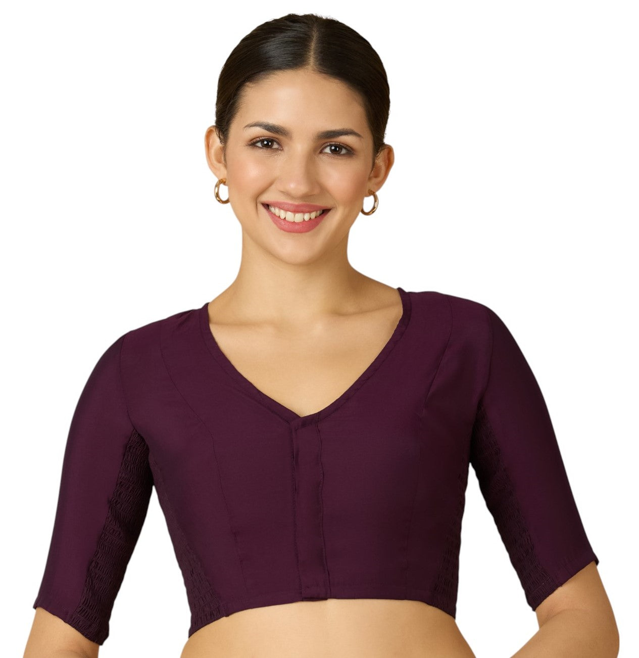 Studio Shringaar Women's Wine Cotton Silk Stretchable (Smocked) Readymade Saree Blouse (Design 2826)