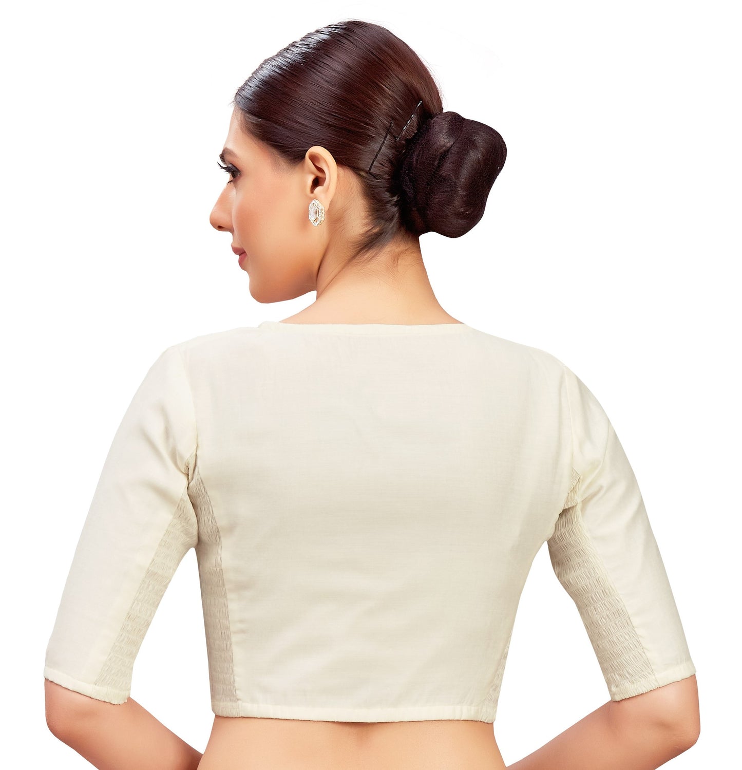 Studio Shringaar Women's Off White Cotton Silk Stretchable (Smocked) Readymade Saree Blouse (Design 2826)