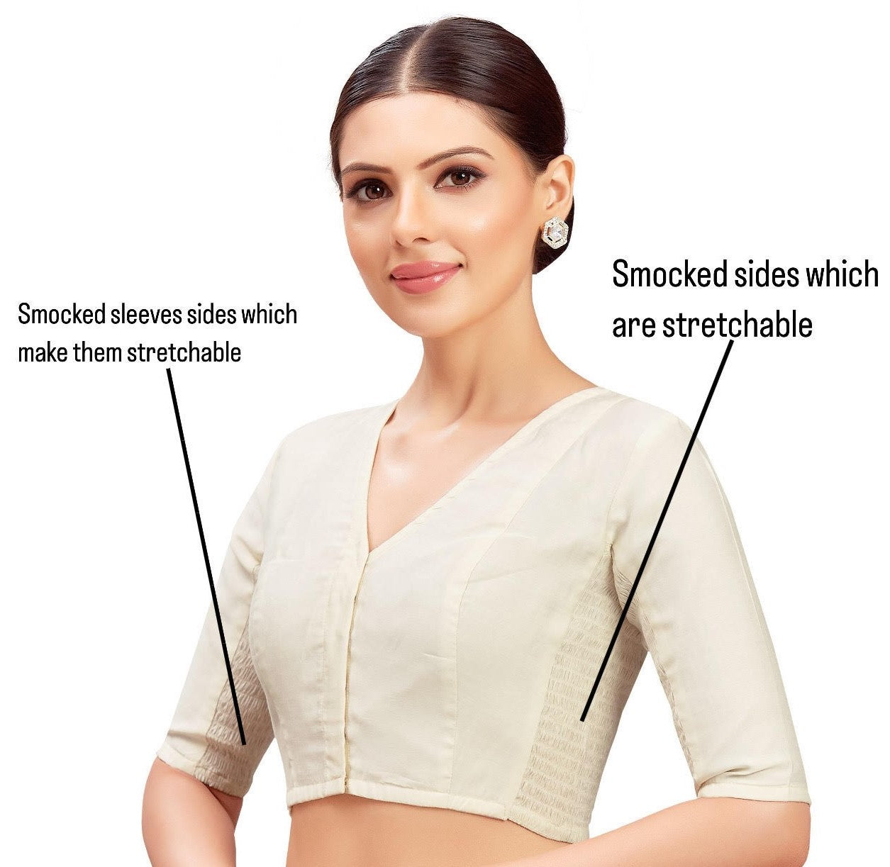 Studio Shringaar Women's Off White Cotton Silk Stretchable (Smocked) Readymade Saree Blouse (Design 2826)