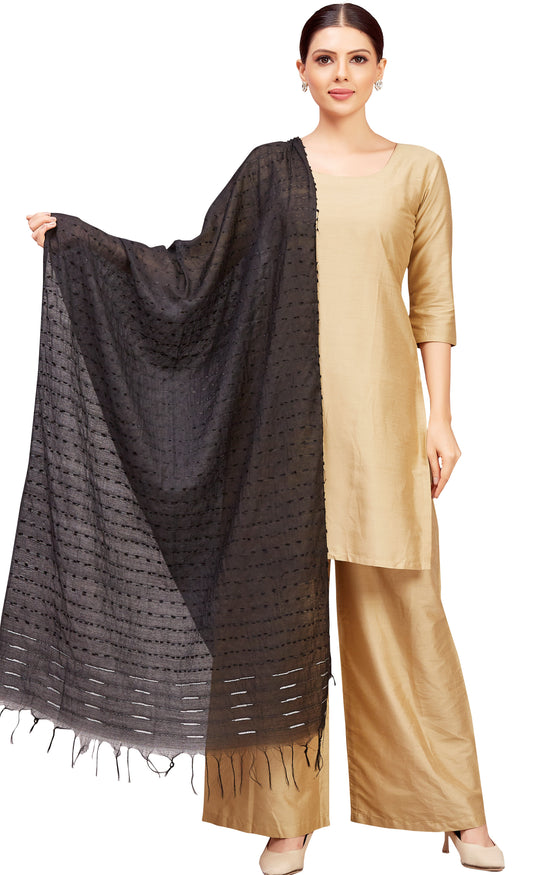 Women's Tassar Handloom Dupatta With Tassels (32" X 2.35 Meters) (2828 -Black)