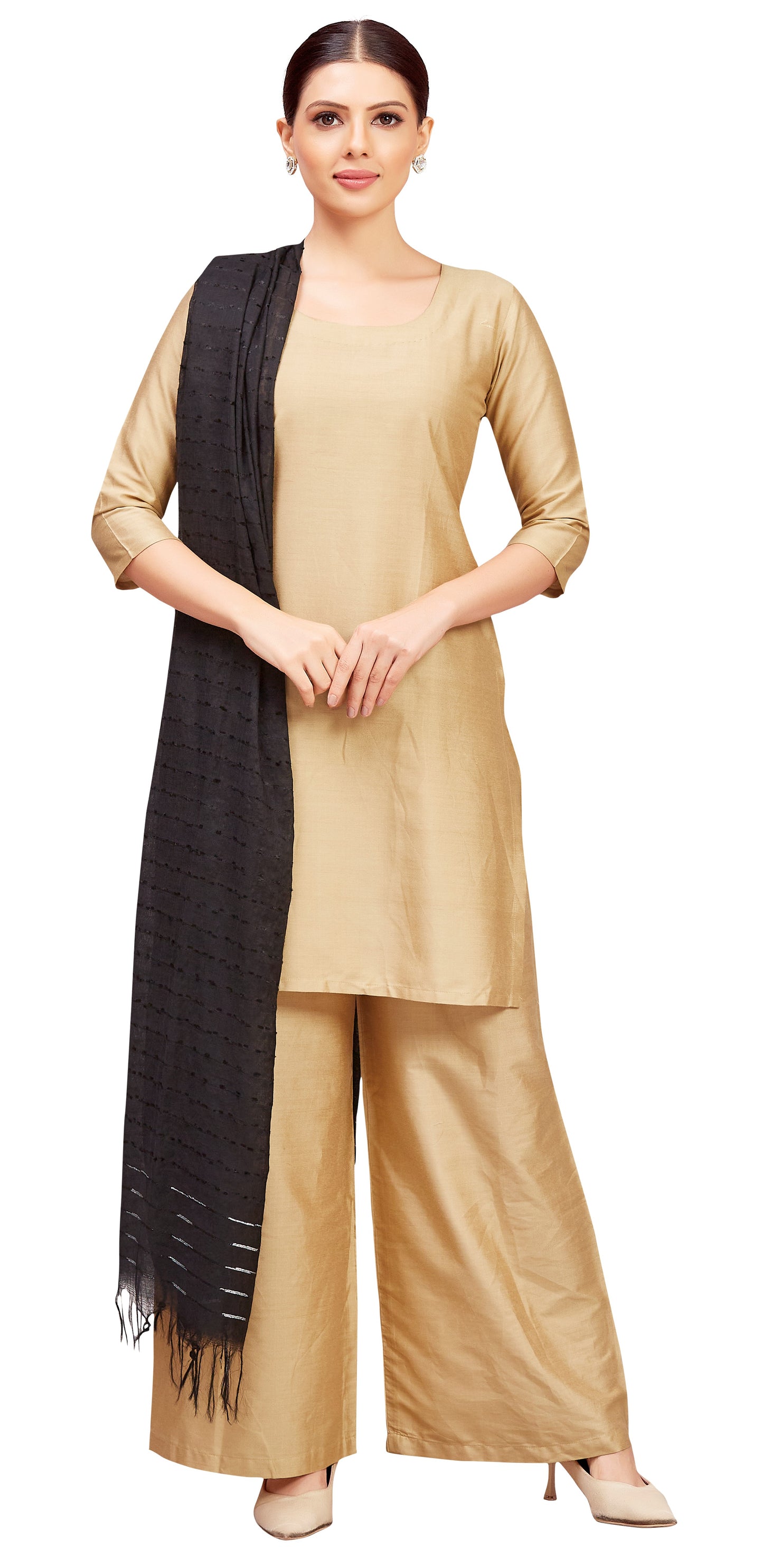 Women's Tassar Handloom Dupatta With Tassels (32" X 2.35 Meters) (2828 -Black)